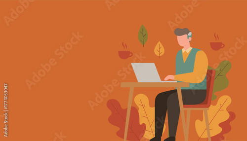 Professional man using laptop in a cozy autumn setting Remote work and fall business concept