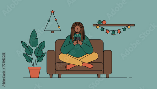 Woman using smartphone in a festive living room relaxing during the holiday season