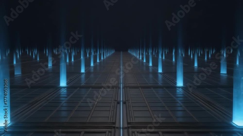 Futuristic grid with glowing blue pillars receding into darkness