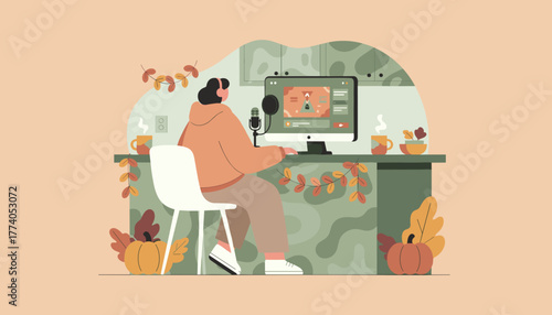 Content creator working remotely on a podcast or stream in a cozy autumn home office