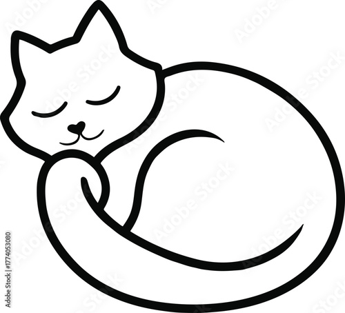 Sleeping curled cat outline, smooth minimal contour, white background, peaceful posture, clean pet illustration vector 2