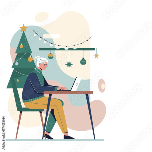 Mature woman works on laptop by Christmas tree Holiday remote work online shopping or connection