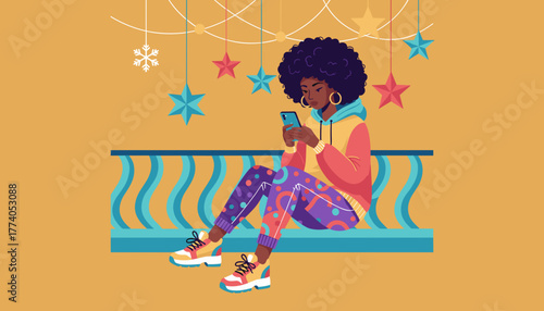 Young woman texting on phone sitting outdoors with colorful festive decorations Digital vector art