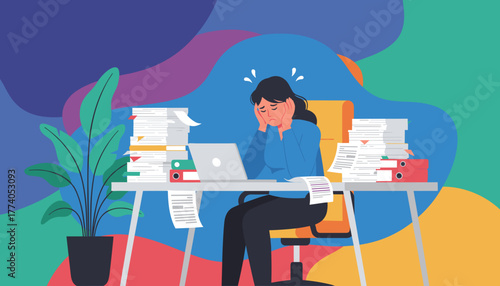 Overwhelmed woman stressed by excessive paperwork and deadlines illustrating job burnout and heavy workload