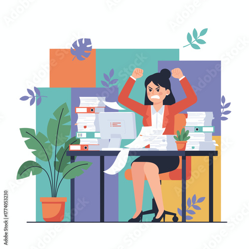 Overwhelmed businesswoman frustrated with huge workload and office stress raising fists in anger