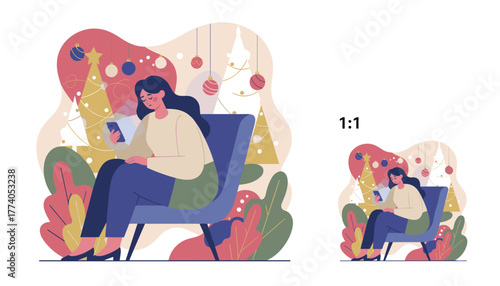 Woman feeling lonely and sad scrolling on phone during holidays near decorated Christmas trees