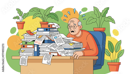 Stressed worker buried under a massive pile of office paperwork and files Burnout concept