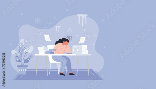 Woman stressed by winter bluesSAD and work burnout overwhelmed by papers and computer