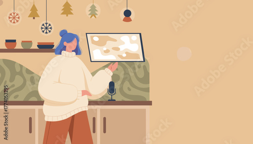 Woman holding tablet in a cozy home podcasting or planning during winter holidays