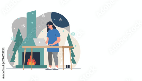 Stressed woman works remotely on laptop by a cozy fireplace during winter Work from home concept