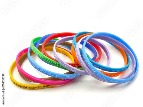 Wallpaper Mural Photo of colorful silicone multiplication table wristbands for kids, designed as fun and educational learning aids to help children memorize multiplication facts through wearable math accessories. Torontodigital.ca