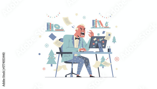 Angry office worker stressed by Christmas deadlines yelling at his computer amidst flying papers