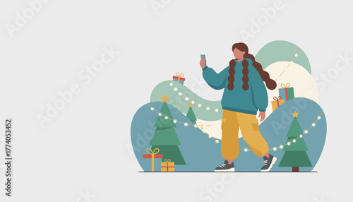 Young woman uses smartphone walking through festive Christmas landscape with trees and gifts