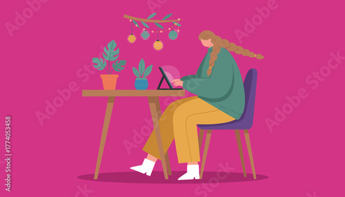 Cozy remote work setup Woman uses tablet at decorated desk with pink background