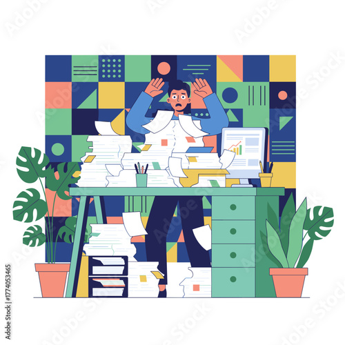 Overwhelmed employee buried under piles of documents illustrates work overload stress and bureaucracy