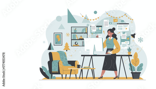 Happy woman working efficiently at decorated winter home office desk Remote work and festive productivity