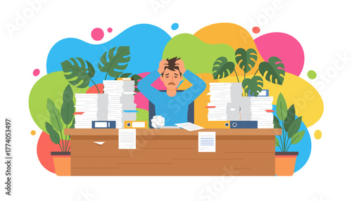 Stressed businessman overwhelmed by huge stacks of paperwork facing burnout in the office