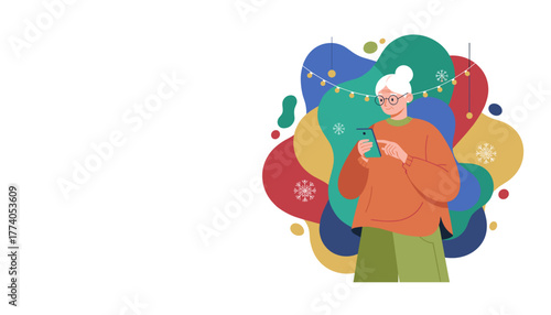 Senior woman using smartphone during holidays festive modern vector design