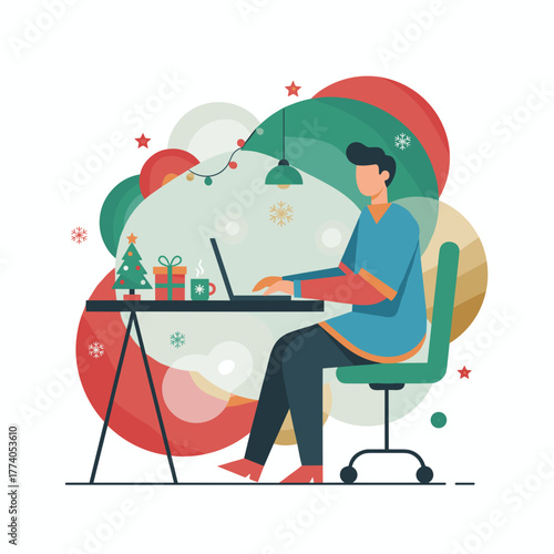 Working remotely during Christmas holidays Man uses laptop at festive desk