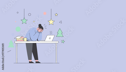 Overwhelmed employee working late during the holidays experiencing stress and burnout