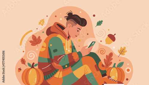 Young person using smartphone in cozy autumn setting with pumpkins and falling leaves