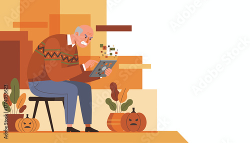 Elderly man angrily struggles with a digital tablet technology frustration concept
