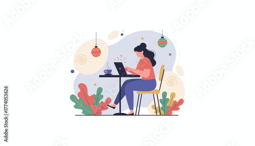 Digital nomad works on laptop at a cafe table with coffee and subtle holiday decoration