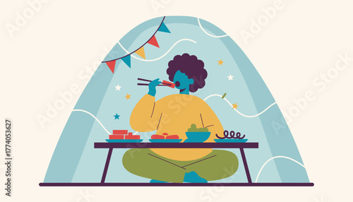 Person enjoying food with chopsticks in a cozy festive setting Lifestyle illustration
