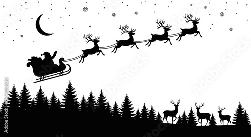 Santa Claus sleigh rides across a starry winter night sky with reindeer pulling gifts over a dark forest landscape, bringing holiday magic to all.