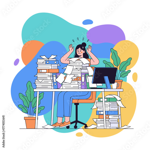 Stressed employee overwhelmed by paperwork and deadline pressure Business burden illustration