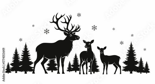 Majestic stag leads his family through a serene winter forest with falling snowflakes, evoking peaceful holiday spirit and nature's beauty.