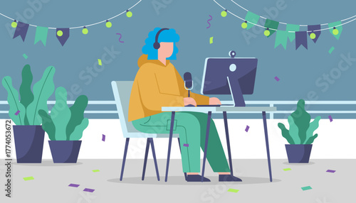 Streamer or podcaster creating content at a decorated desk for a virtual party or broadcast