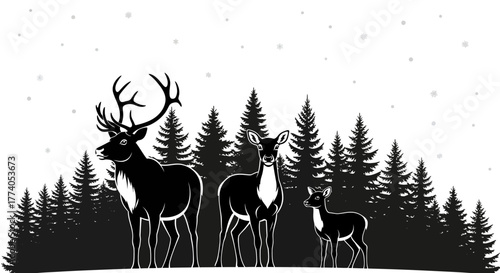 Majestic deer family silhouetted against a snowy pine forest creating a serene winter wildlife scene perfect for holiday or nature themes