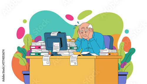 Stressed senior man overwhelmed by paperwork and deadlines in the office Burnout workload vector illustration
