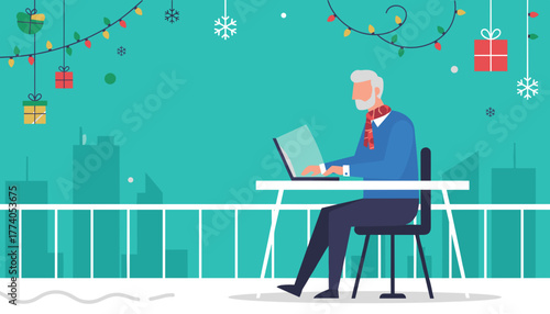 Senior man working on a laptop outdoors in a snowy festive city setting Holiday business concept