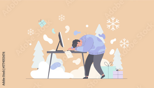 Exhausted employee asleep at desk during the winter holiday season Work burnout concept