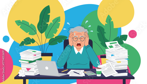 Stressed elderly man overwhelmed by huge piles of office paperwork and financial deadlines