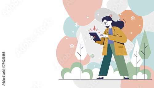 Frustrated woman facing connectivity issues on her tablet outdoors in a stylized winter landscape