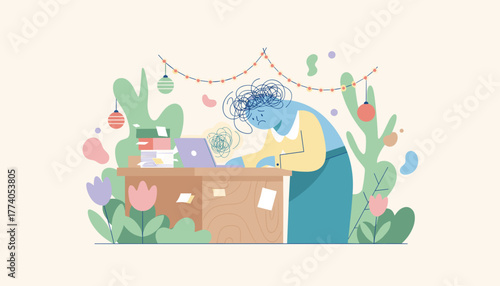 Burnout at work Overwhelmed employee with tangled thoughts working on a laptop