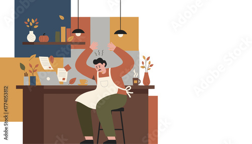 Overwhelmed small business owner stressed by workload and autumn deadlines