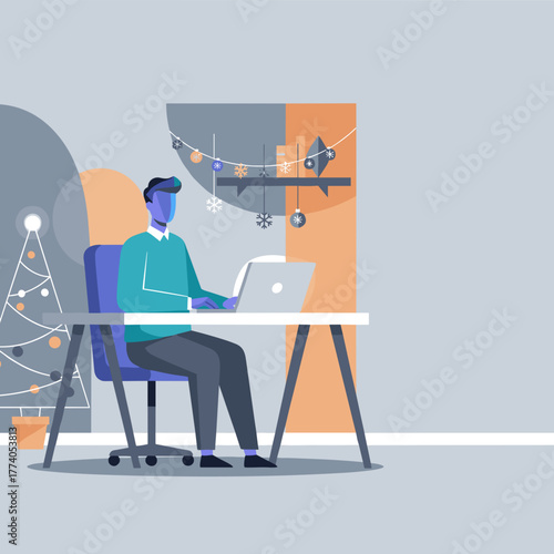 Professional working remotely on a laptop in a festive home office environment