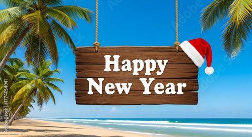 Happy New Year wooden sign with Santa hat hanging on tropical beach with palm trees and blue sky
