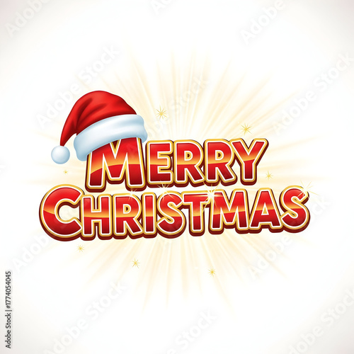 Merry Christmas text with Santa hat and golden light burst on white festive background