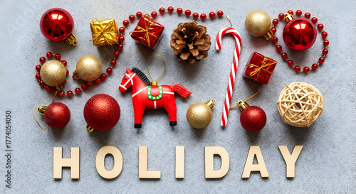 Holiday flat lay with red and gold Christmas 