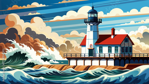 Very beautiful view of Lake Michigan waves crashing against the Michigan City Lighthouse in Michigan City, Indiana, USA, on a bright summer day, showcasing the dramatic shoreline and historic lighthou