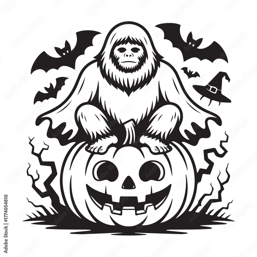 Obraz premium Bigfoot sitting on a pumpkin isolated on white background for halloween