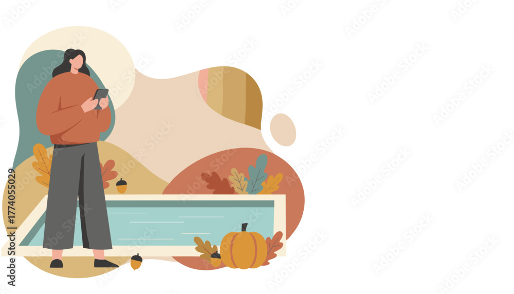 Fototapeta premium Woman using a smartphone in a cozy autumn setting with a pumpkin and abstract foliage Copy space