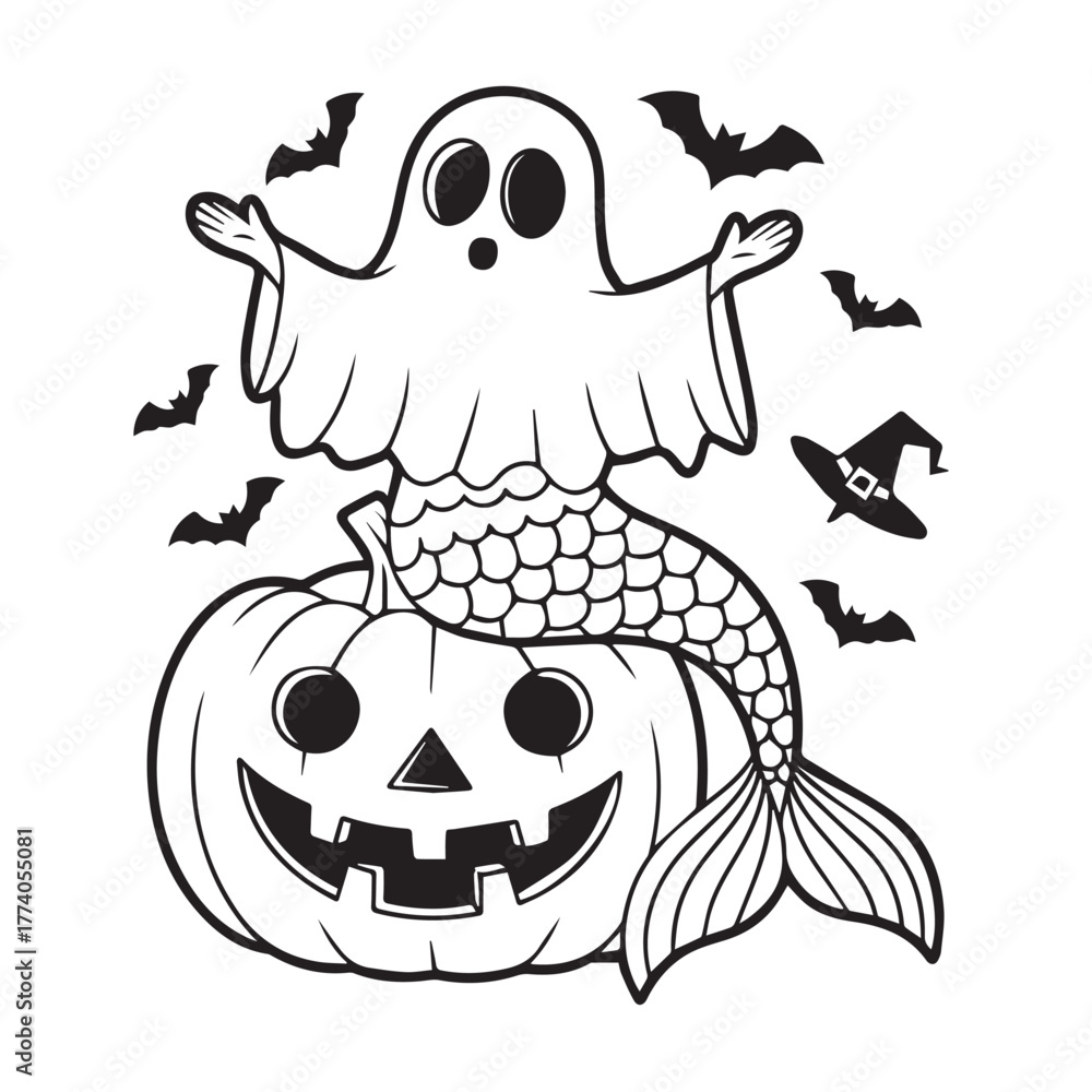 Fototapeta premium Cute mermaid ghost on a pumpkin isolated on white background for party