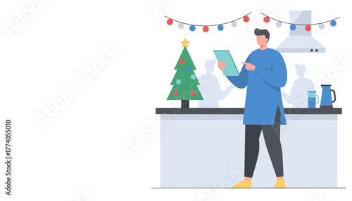 Man uses tablet in a Christmas kitchen planning or shopping during the holidays Vector illustration