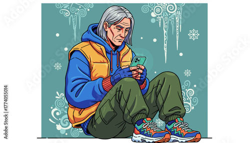 Senior man in winter clothes sitting texting on a smartphone against a cold snowy background